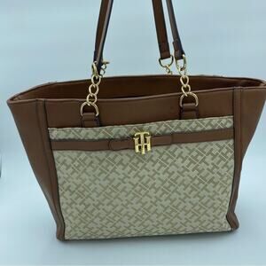 Tommy Hilfiger Large Tote Purse Handbag Gold Chain Accents-Brown